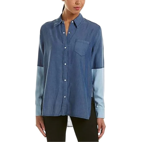 VINCE Chambray Colorblock Button-Down Shirt - Picture 1 of 16